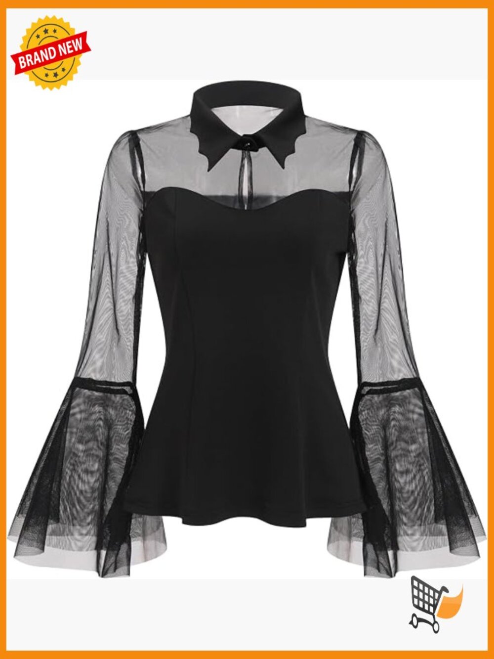 Vintage Goth Bell Sleeve Blouse Sheer Mesh High Neck Top